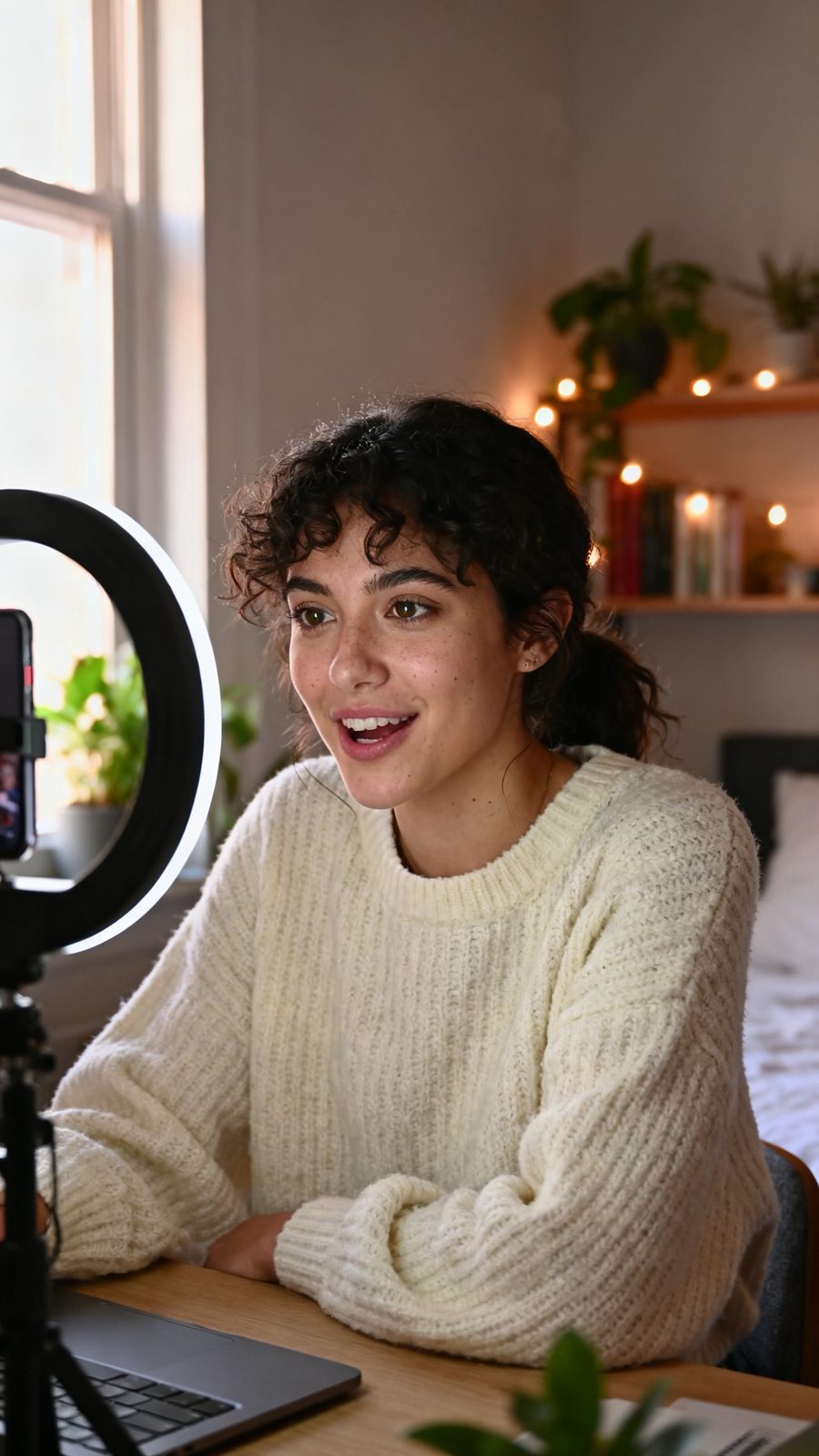 A creator filming herself on her phone at her desk
