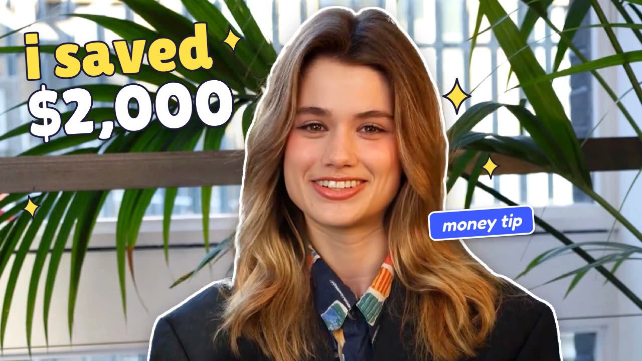 A YouTube thumbnail of a smiling woman cut out with a white outline, beside the title “i saved $2,000”