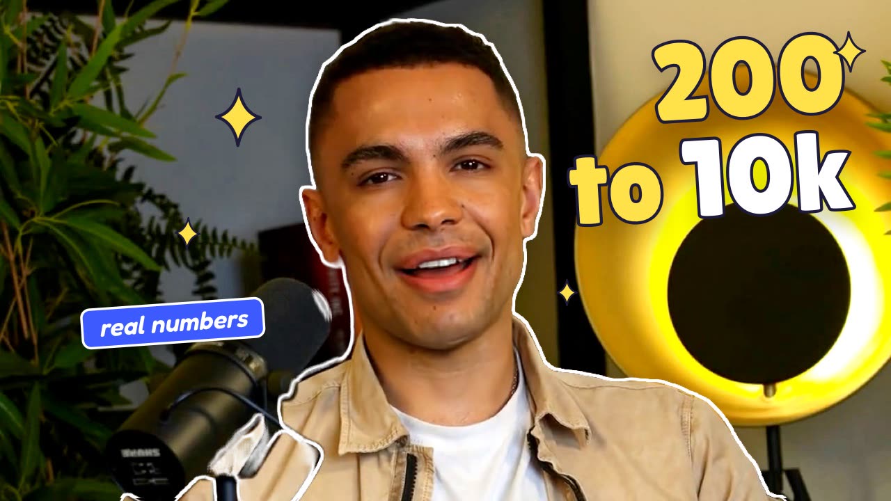 A YouTube thumbnail of a smiling man cut out with a white outline, beside the title “200 to 10k”