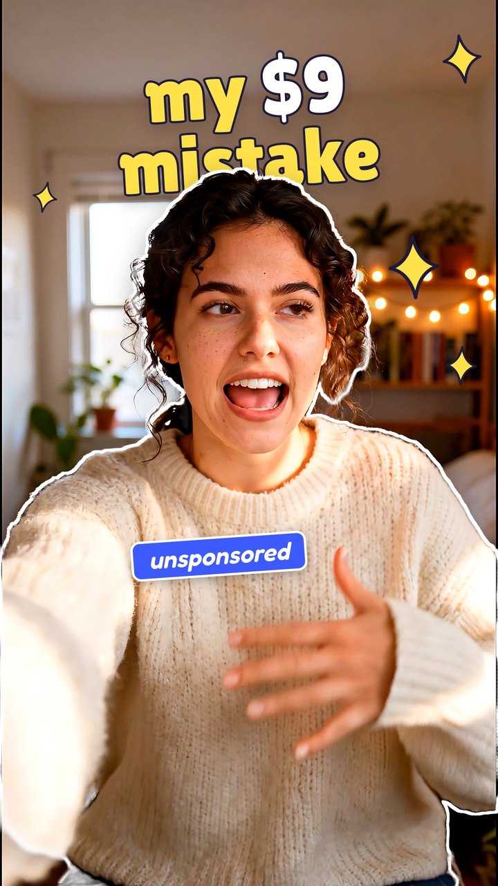 A reel cover of a curly-haired woman cut out with a white outline, under the title “my $9 mistake” and an “unsponsored” label
