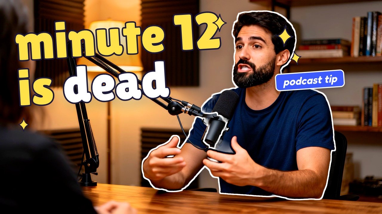 A YouTube thumbnail: a podcast host cut out with a white outline, beside the title “minute 12 is dead”